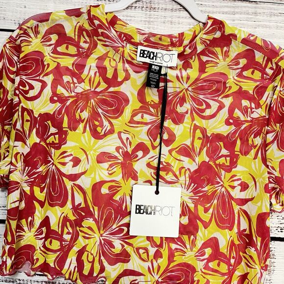 Beach Riot Kathleen Crop Top Floral Tropical Cover Up Pink Hawaiian Mesh NWT New - Picture 2 of 9